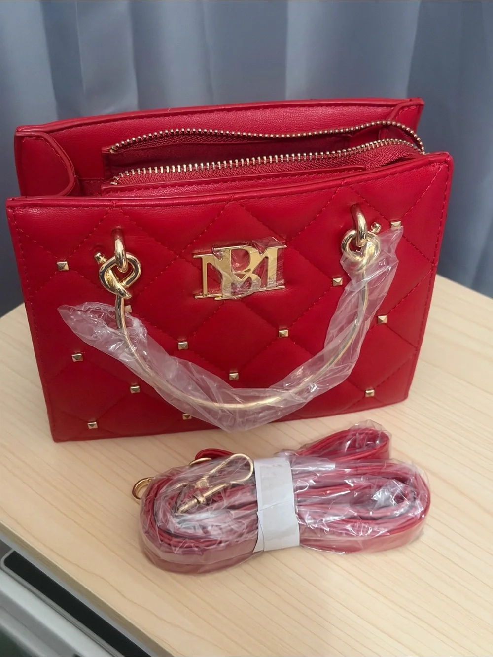 Badgley Mischka Red Quilted Satchel with Gold Accents